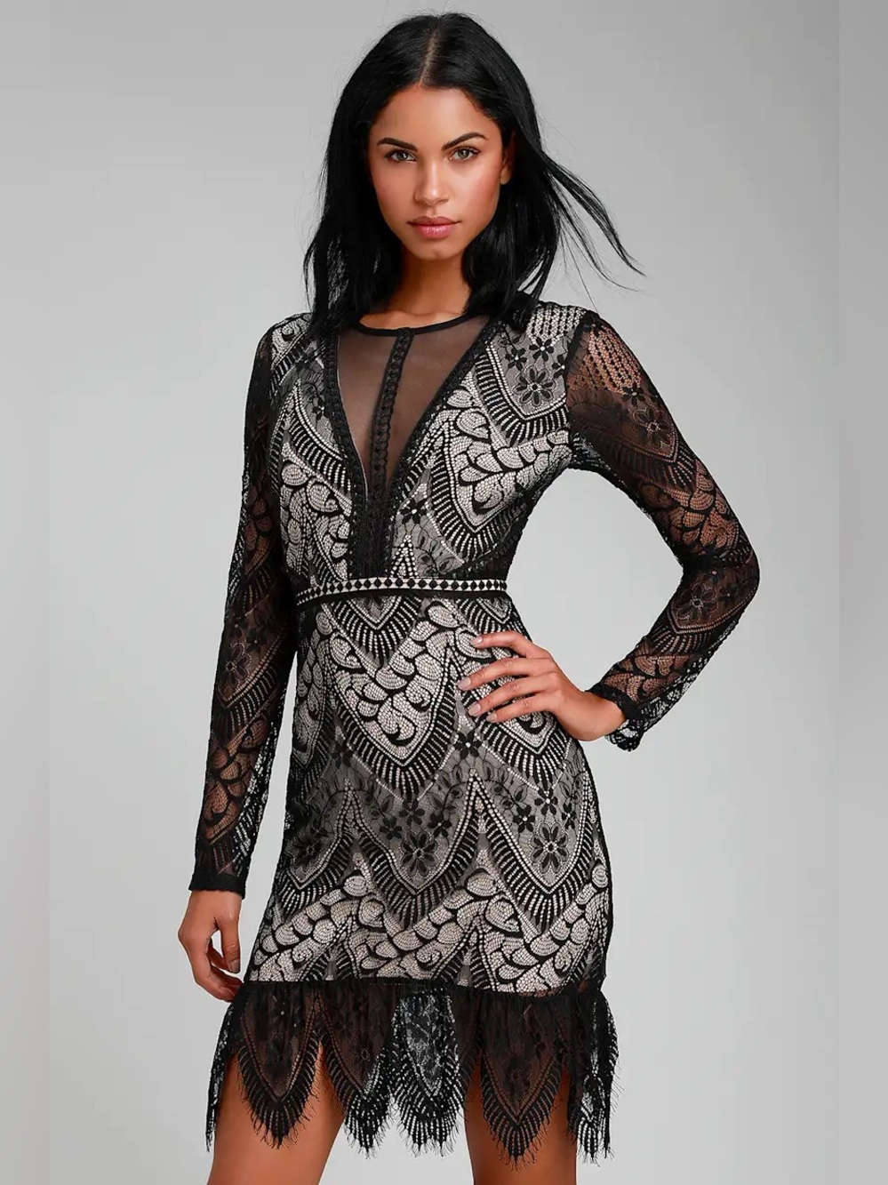 ASTR The Label Chelsi Black and Nude Lace Long Sleeve Bodycon Dress Size Large